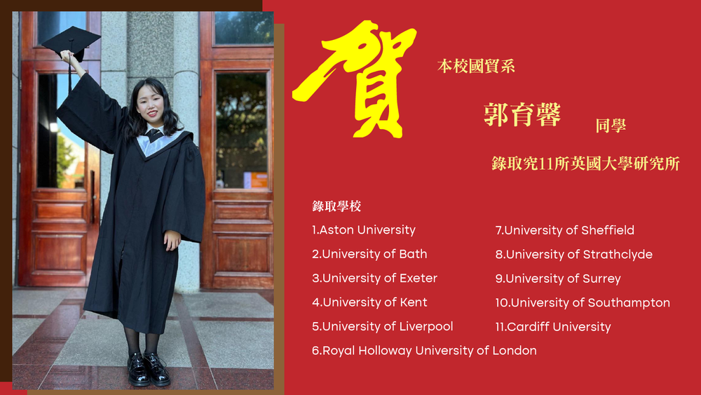 恭喜國際企業與貿易學系郭育馨同學 升學大滿貫圖片