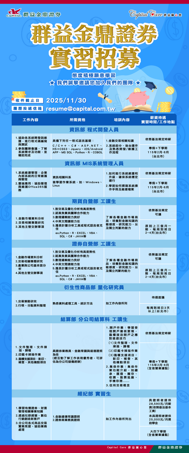 群益金鼎證券寒假實習資訊，收件截止日至11/30圖片
